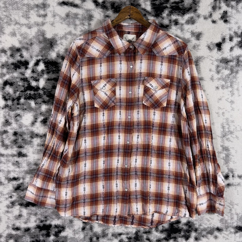 Cottonm‎ & Rye Pearl Snap Shirt Womens Size Large Flannel Pockets Cowgirl Boho